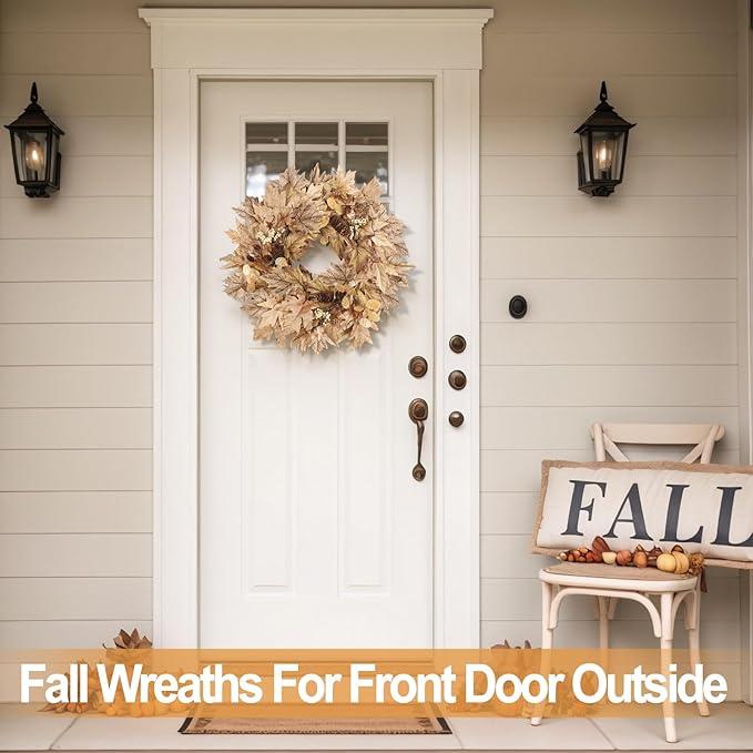 22 Inch Fall Wreaths for Front Door Outside Timer Function Pinecones Berries Autumn Fall Wreaths with 30 Warm Lights Home Porch Door Yard Harvest Mantle Window Decor