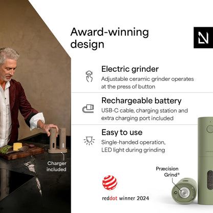 LARS NYSØM Electric Salt and Pepper Grinder Set, USB Rechargeable, Automatic Salt and Pepper Mills, Spice Shakers Refillable with LED Light, Adjustable Coarseness, Ceramic Grinder (Sage Green)