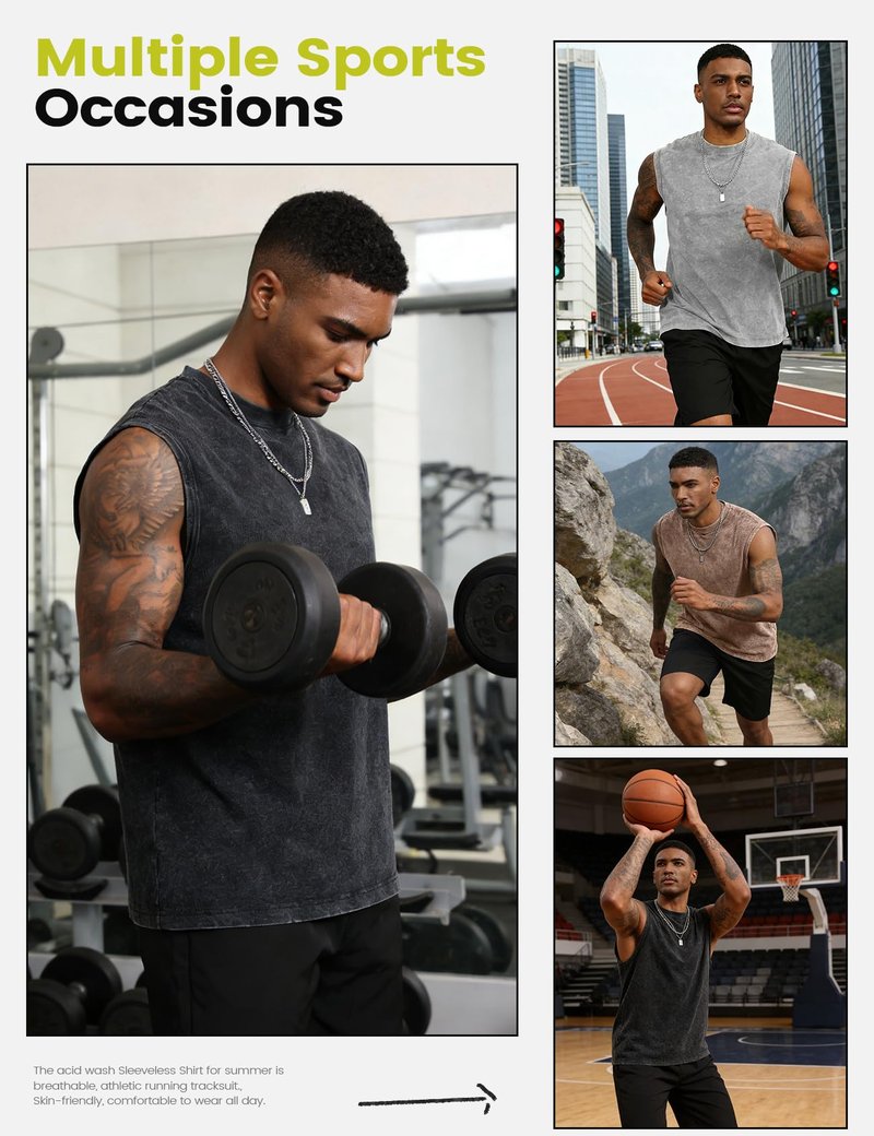 Yimoon Mens Tank Tops Workout Sleeveless Shirts Cotton Acid Wash Tees Loose Gym Muscle Shirts(BlackGreyKhaki-XL)