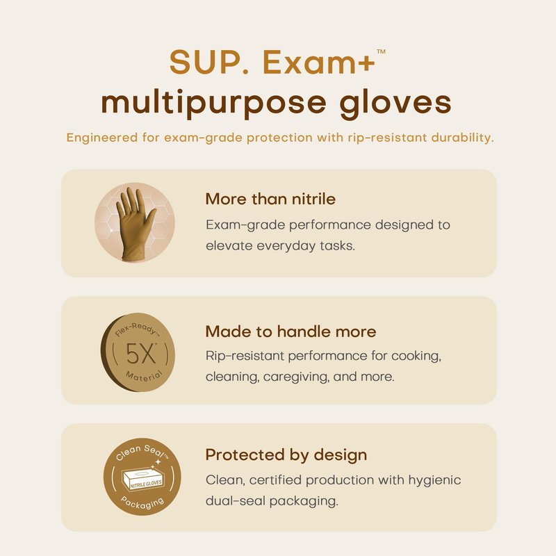 SUP Powder-Free Nitrile Exam Gloves, 100 Count Food Safe Latex-Free Disposable Gloves for Medical Cooking Cleaning Food Prep, Tan (Medium)