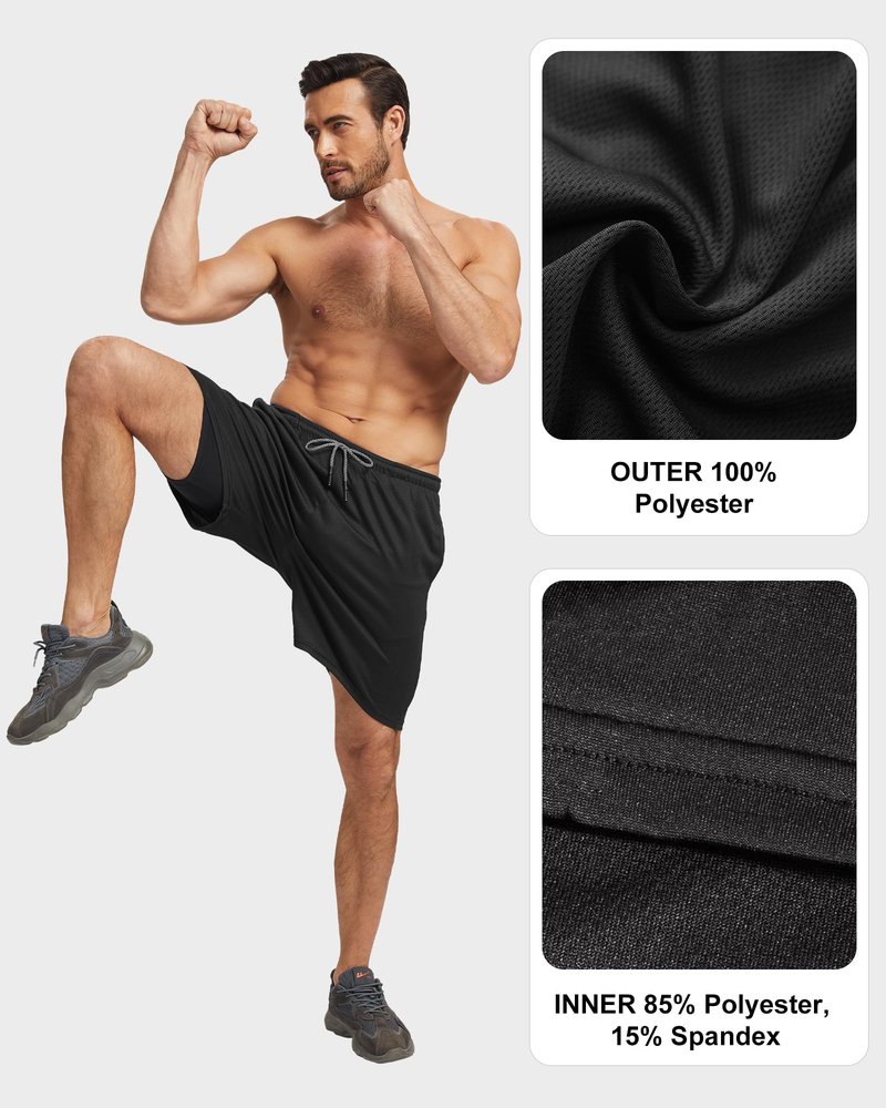HOPLYNN 5 Pack Mens 2 in 1 Running Shorts with Liner, Quick Dry Workout Training Gym Athletic Sport Shorts with Pockets 2 Black 2 Gray 1 Blue Large