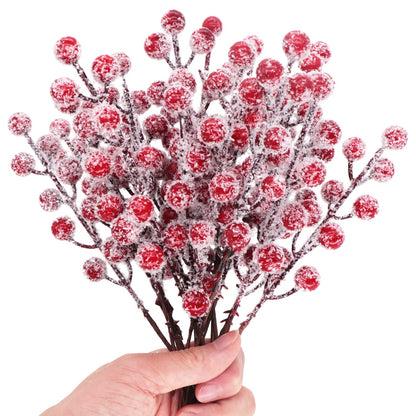 24 Pieces Artificial Holly Berry Stems 9" Christmas Berry Picks Sprays Snowy Fake Red Berries for Christmas Tree Branches Fillers Ornaments Valentine DIY Crafts Wedding Home Party Winter Decor (24)