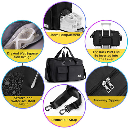 FIORETTO Womens Mens Sports Gym Bag Duffle Bag with Shoes Compartment, Weekend Travel Bag Overnight Bag for Women, Foldable Water Resistant Holdall Hospital for Swimming with Toiletry Bag Black