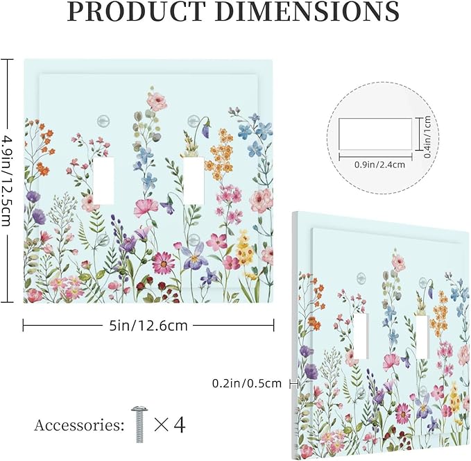 Rustic Wild Floral Vintage Blue Watercolor Flower Double Toggle Light Switch Covers Decorative Unique 2 Gang Wall Plate Dual Electrical Faceplate Switchplate for Bathroom Bedroom Decor