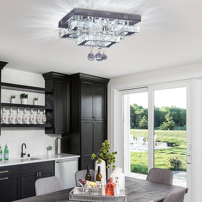 CXGLEAMING 11.8" Modern Crystal Chandelier LED Ceiling Light Fixture Suitable for Kitchen Corridor Hallway Bedroom Bathroom Dining Room 4 Petals/Raindrop Ball Square Wall Switch （White Light）