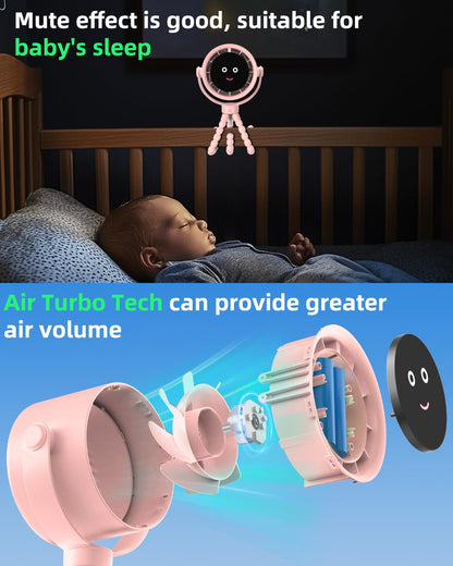 Akejrym Stroller Fan Portable, Personal Fan for Travel, Air Turbo Tech & Digital display, Detachable 5 Speeds Rechargeable 360° Rotate Flexible Tripod, For Home Office Stroller (Pink)