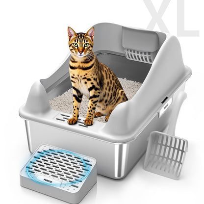 Furkid Stainless Steel Cat Litter Box with Lid, XL Extra Large Litter Box for Big Cats, High Sided Kitty Metal Pan with Pedal Filter and Scoop, Non-Sticky&Anti-Leakage Easy Cleaning Gray