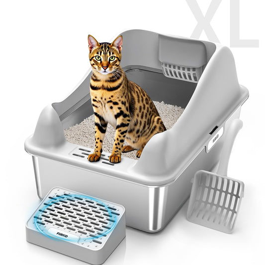 Furkid Stainless Steel Cat Litter Box with Lid, XL Extra Large Litter Box for Big Cats, High Sided Kitty Metal Pan with Pedal Filter and Scoop, Non-Sticky&Anti-Leakage Easy Cleaning Gray