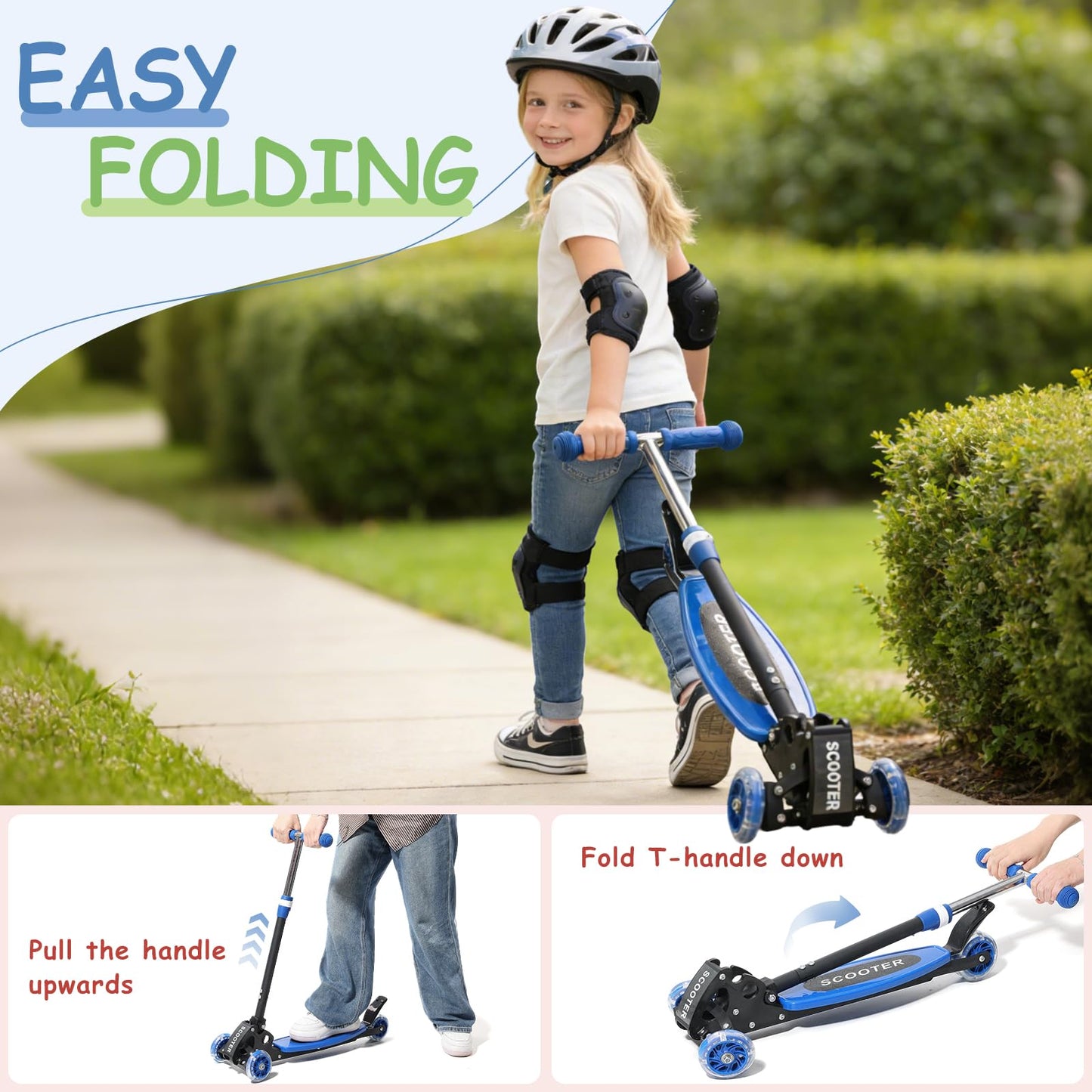 HOSKO Kick Scooter for Kids 2-7 Age， Light up 3 Wheels Kick Scooter, Heavy Duty Folding Lean-to-Steer Scooters with 3 Adjustable Handlebar for Boys Girls Blue