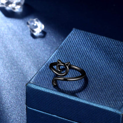 beautlace Cute Cat Adjustable Rings Black Gun Plated Lovely Cats Animals Open Ring Jewelry for Women KR0029K