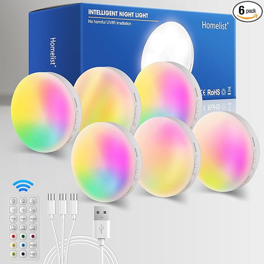 Homelist NL4 Sensor Lights Indoor, 6 Pack RGB Rechargeable Puck Light with Remote, Battery-Operated Motion Activated Night Light for Hallway, Bathroom, Kitchen, Cabinet, Stairs