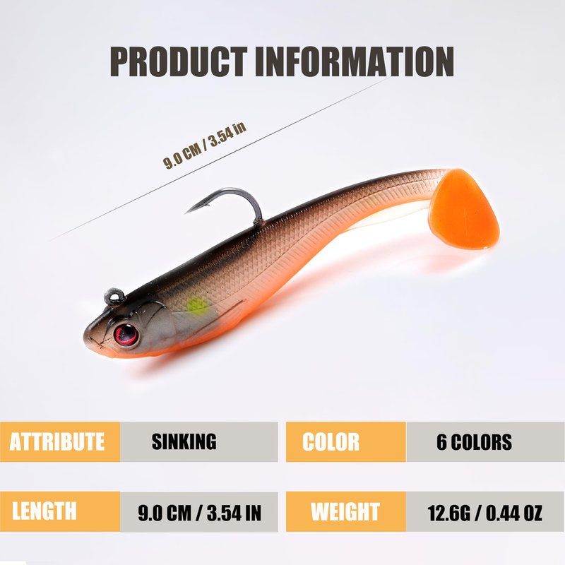 EXAURAFELIS 6Pcs Pre-Rigged Paddle Tail Swimbaits, Soft Shadtale Lures with Jig Heads, Vibrating Sinking Lures for Bass, Trout, Walleye, Pike, Muskie, Crappie, Freshwater & Saltwater Jigging Bait