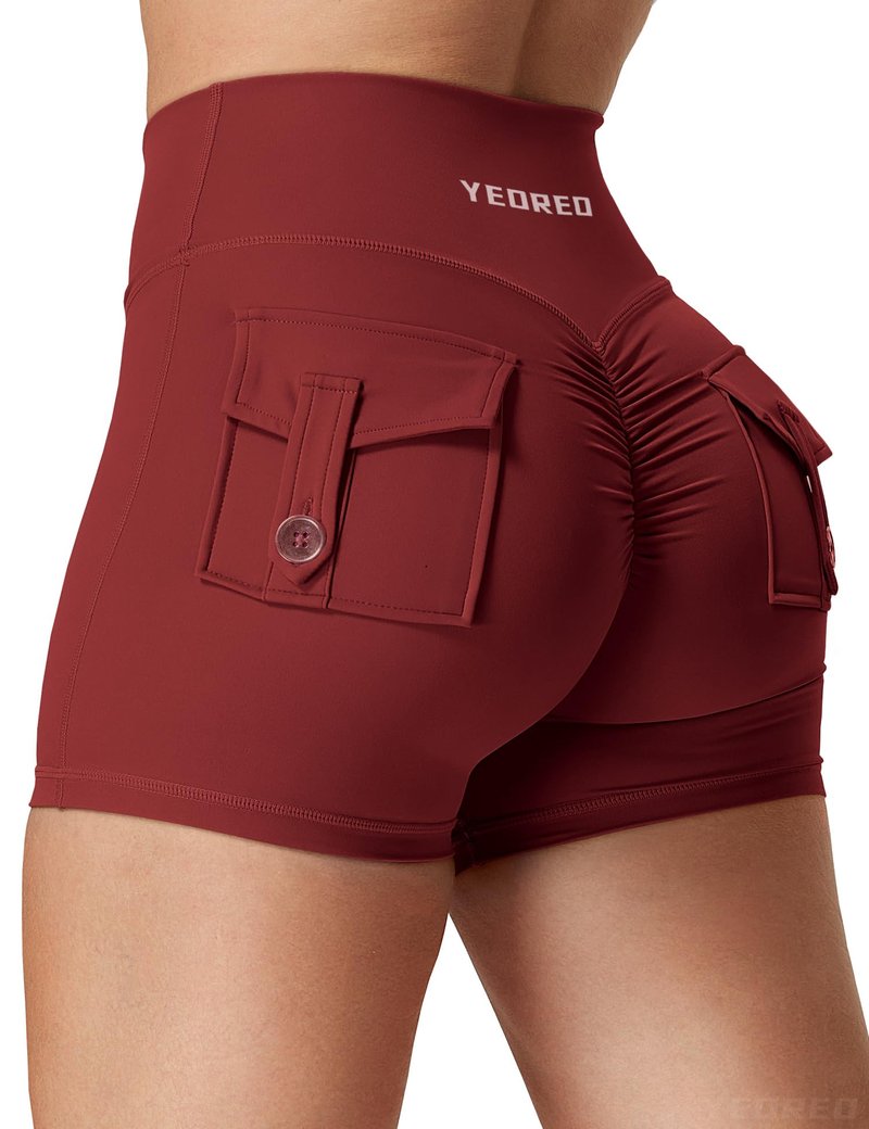YEOREO Women's High Waisted Scrunch Workout Shorts with Pocket - Deep Burgundy, Size Large