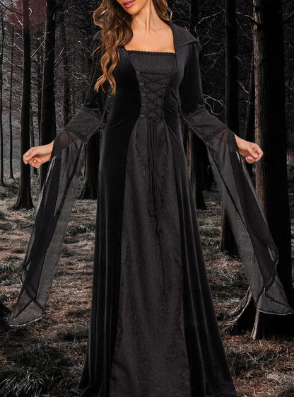 BITSEACOCO Deluxe Witch Dress Costume for Women, Vintage Embroidered Renaissance Victorian Gothic Hooded Vampire Gown Dress Cosplay (Black, L)