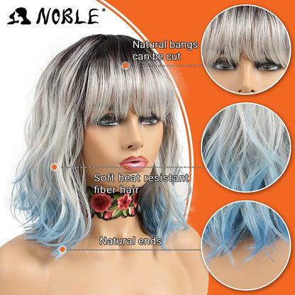 NOBLE Blue Short Bob Curly Wig With Bangs for White Women - Colorful Wavy Heat Resistant Synthetic Silver Blue Wig for Daily Party Cosplay Costume
