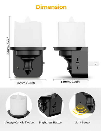 Flameless Candle Night Light, Night Lights Plug into Wall 2 Pack, LED Candle Night Light with Light Sensor, 0-100LM Dimmable Nightlight Plug in, 3000K Soft White Nightlight for Kids Hallway Bathroom