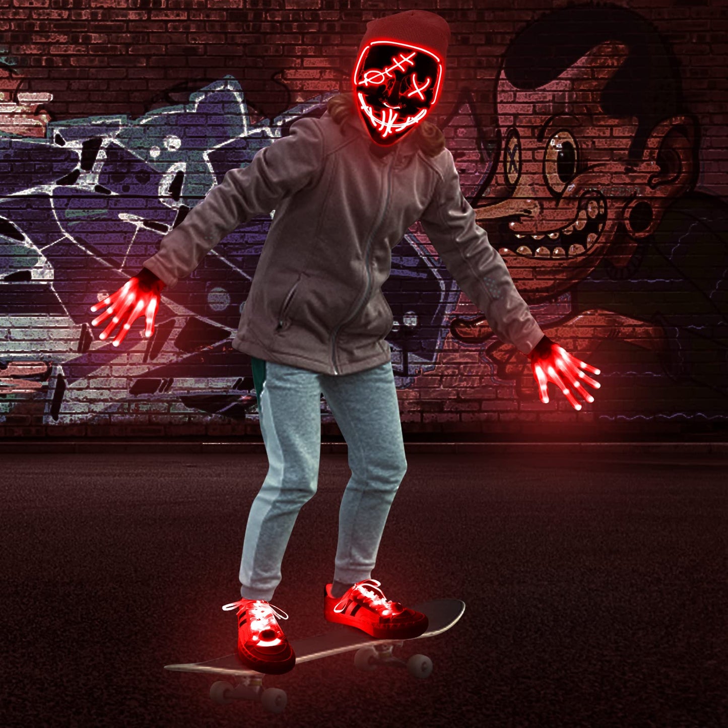 3 Set Halloween LED Mask Light Up Gloves and Glow Shoelaces Scary Mask Halloween Costume Cosplay Party for Adults
