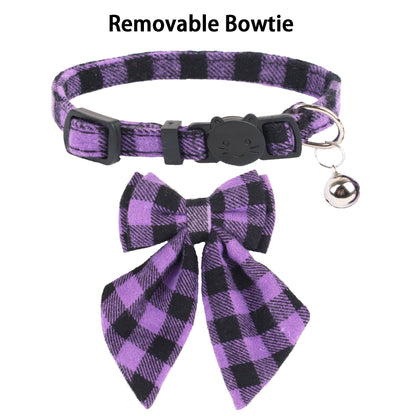 ADOGGYGO Halloween Cat Collars with Removable Bow Bell, 2 Pack Orange Purple Plaid Halloween Bowtie Collar for Cats Kittens