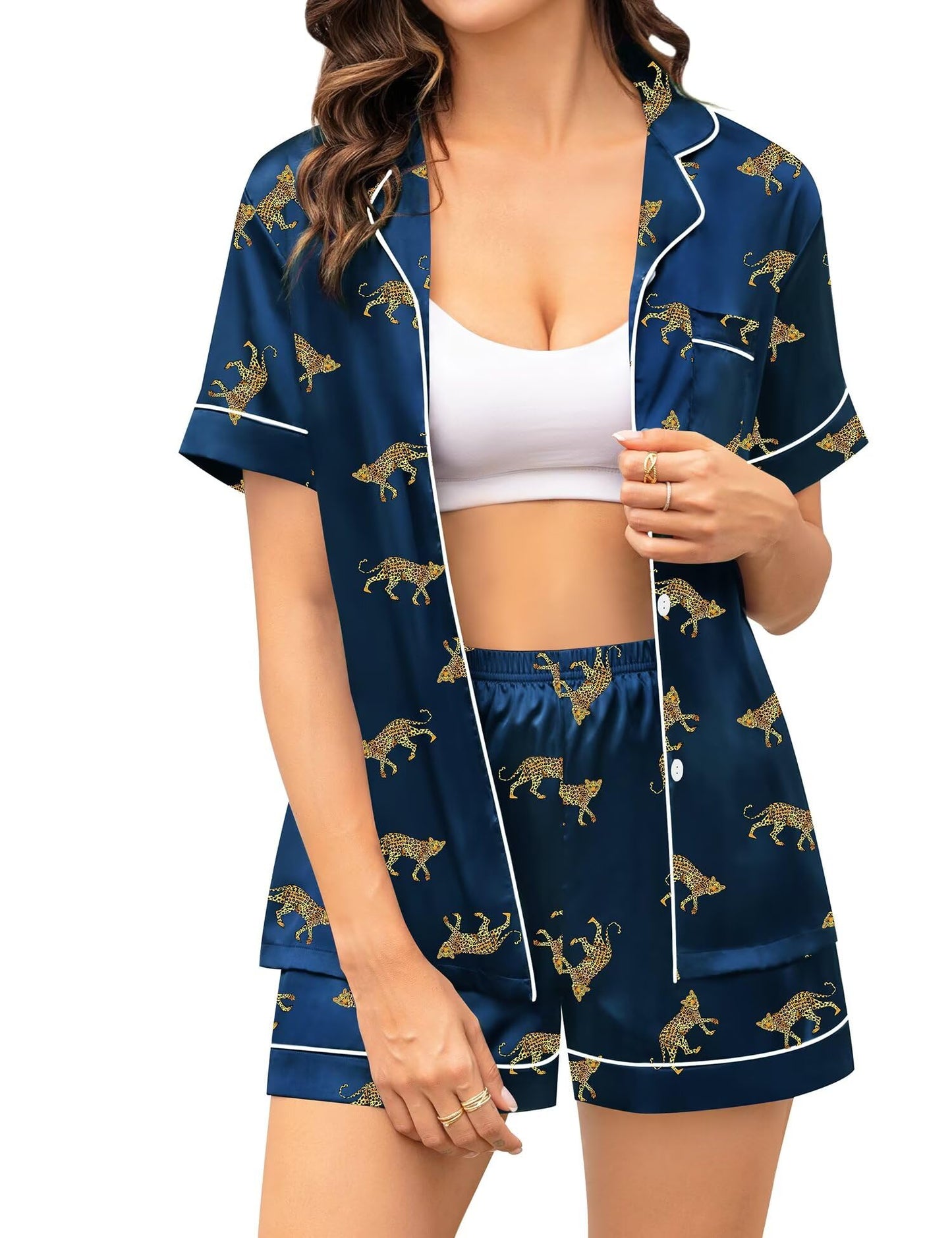 SWOMOG Couple Matching Pajamas Sets Women & Men Button Down Silk Pjs Short Sleeve Soft Lounge Sets 2 Pcs Loungewear