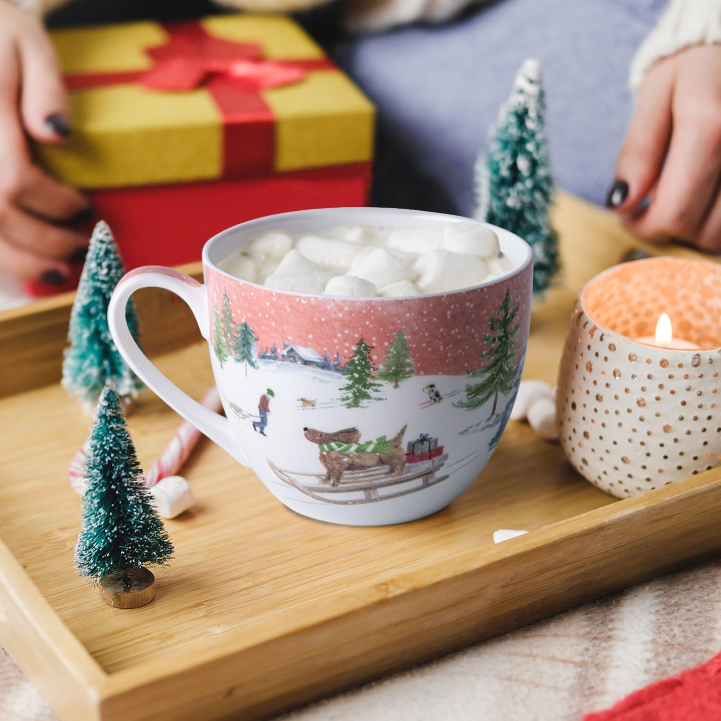 MFoffice Christmas Sled Dog Mug - 20 oz Bone China Coffee Tea Hug Mug with Pink Winter Sky & Snow Trees, Holiday and Christmas Gift for Friends & Family - Designed in England by Harvest Green Studio