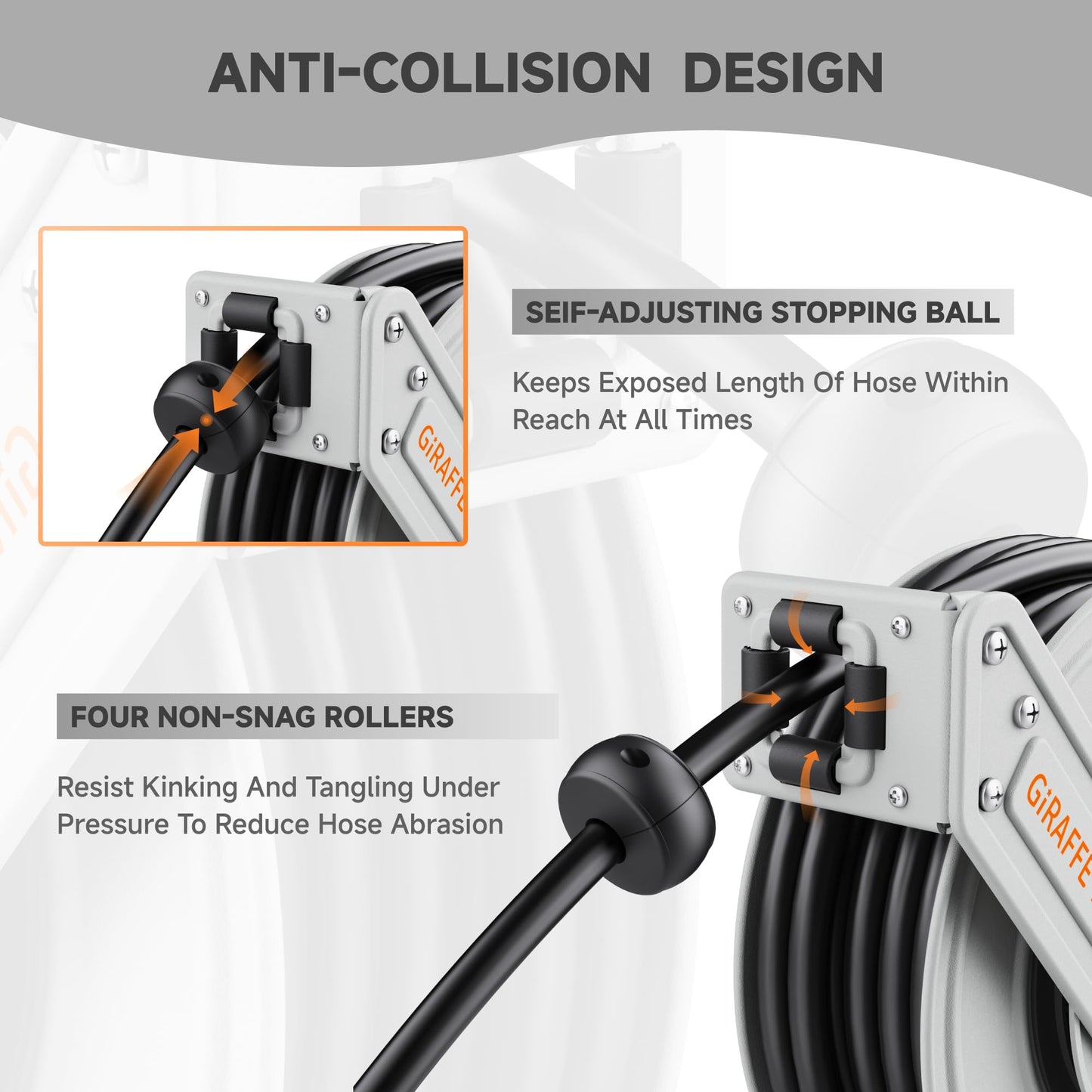 Giraffe Tools Pressure Washer Hose Reel 65ft, Power Washer Hose Reel, Pressure Washer Retractable Hose Reel, Heavy Duty, Wall/Floor Mounted, 3200 PSI, Silver