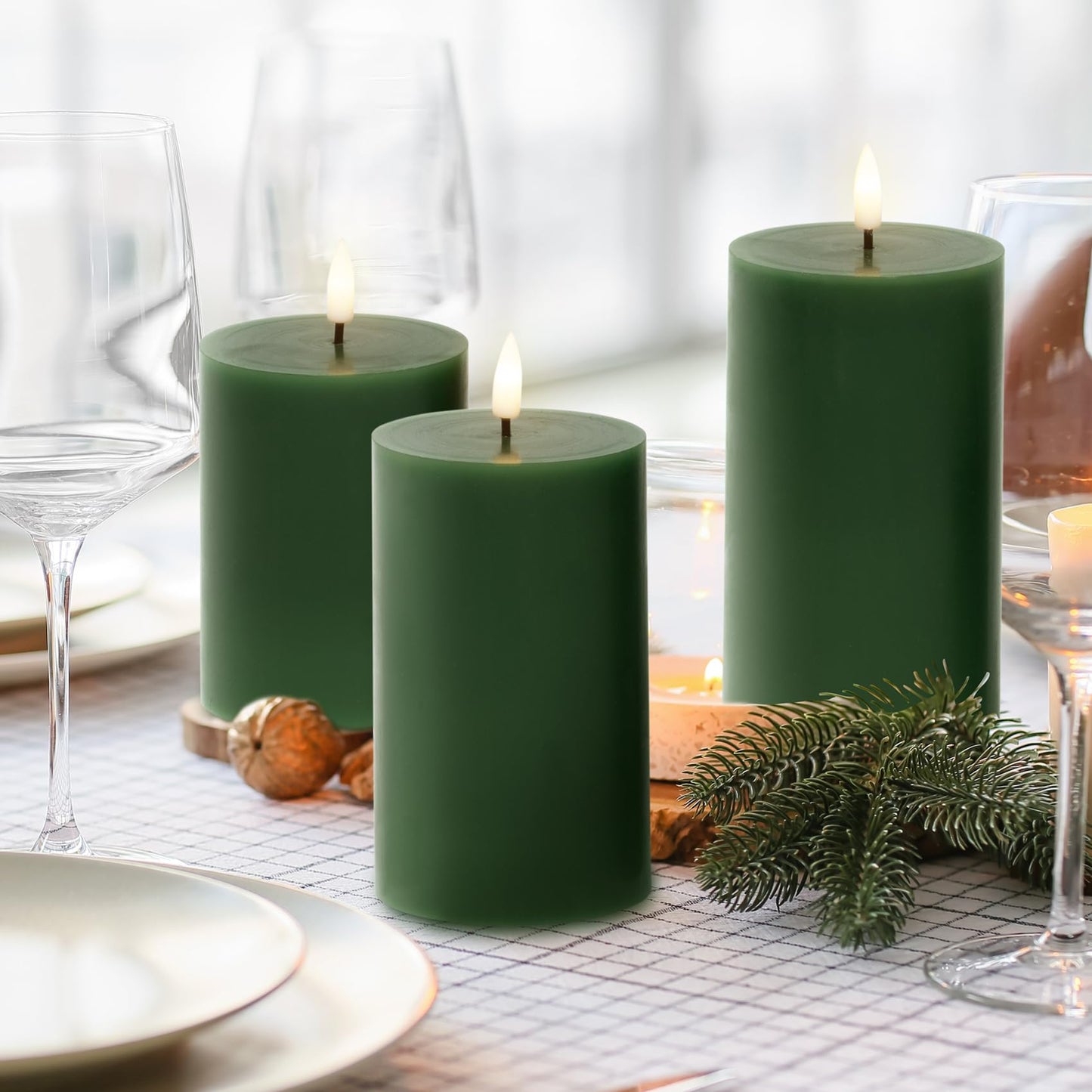 Eywamage Green Christmas Flameless Pillar Candles with Remote, Flickering Battery Operated LED Wax Candles Set of 3