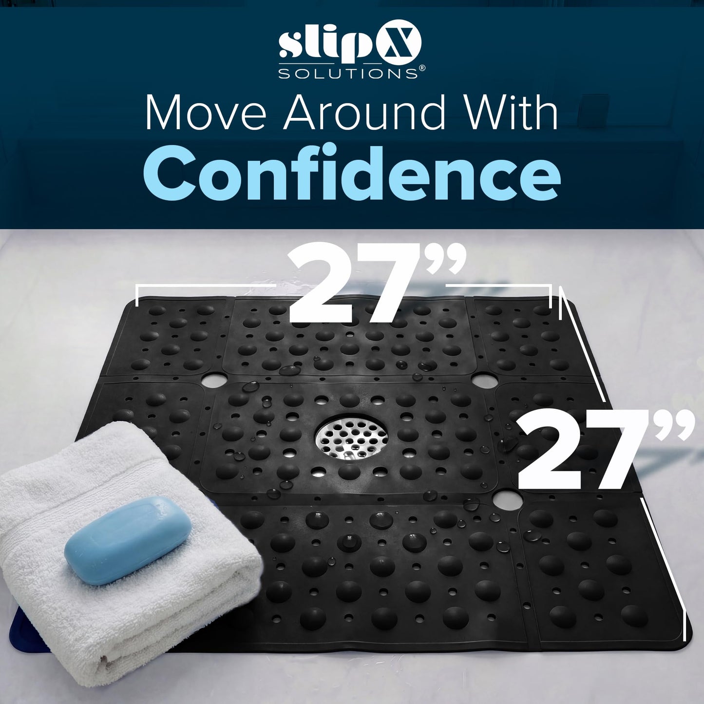 SlipX Solutions 27" Oversize Square Shower Mat, Non-Slip Mat for Elderly & Kids, 100+ Power Grip Suction Cups for Smooth Surfaces, Machine Washable, Black