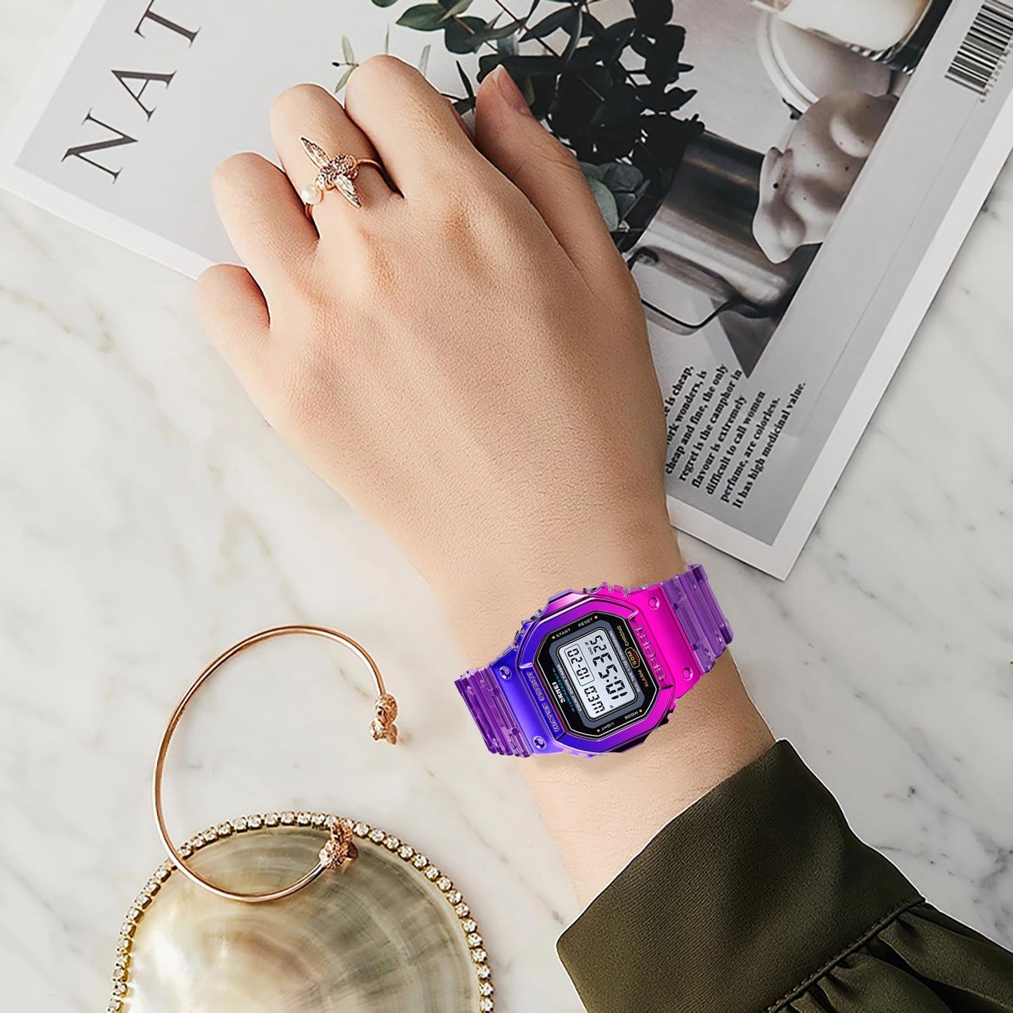 FANMIS Mens Military Multifunction Digital Watches 50M Water Resistant Electronic 7 Color LED Backlight Black Sports Watch (Y Purple)