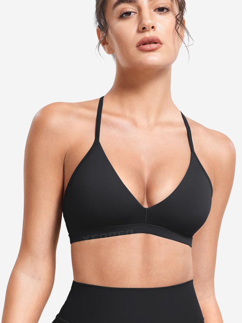 YEOREO CoreFlex Sports Bras for Women Strappy Padded Halter Open Back Light Impact Deep V Neck Yoga Workout Gym Tops Black M