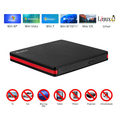 Rioddas External CD Drive, USB 3.0 Portable CD/DVD +/-RW Drive Slim DVD/CD ROM Rewriter Burner for Laptop Desktop PC Windows and Linux OS Apple Mac Macbook Pro