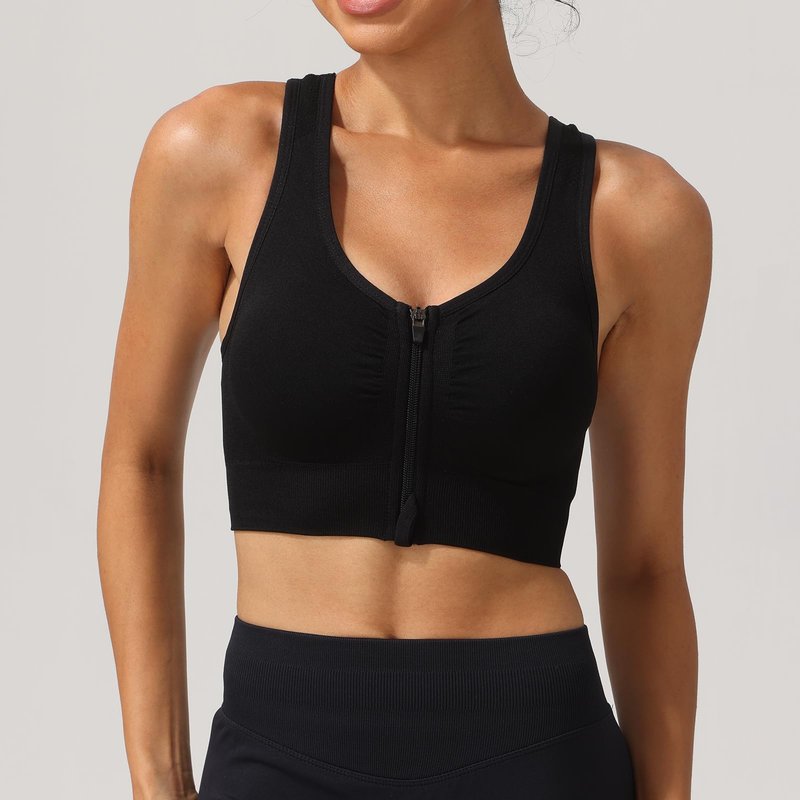 SPORME RUNNING Zip Front Sports Bra for Women - Medium Support Racerback Workout Bra with Removable Pads & Double Hooks（Black）