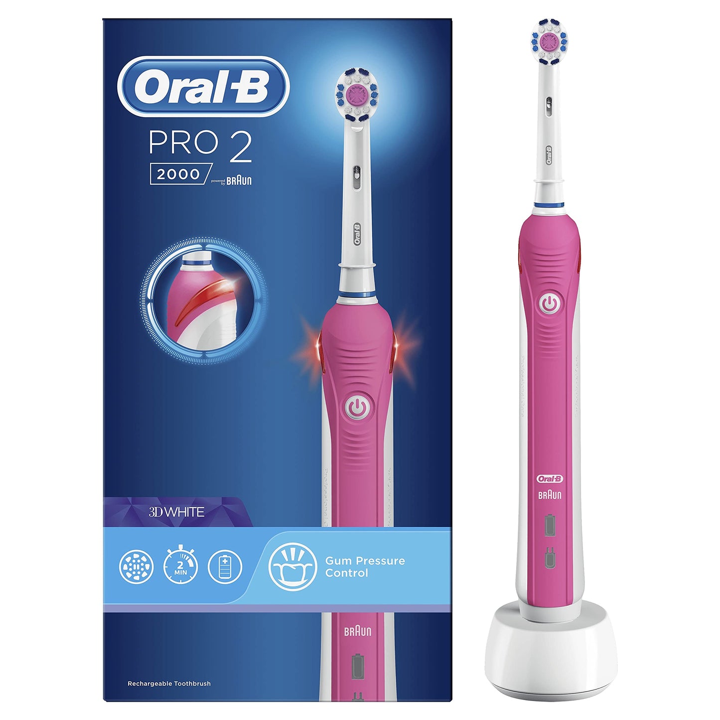Oral-B Pro 2000/ Pro 2 2000W 3DWhite Electric Toothbrush Rechargeable Powered by Braun (packaging may vary) (UK 2-Pin Bathroom Plug)
