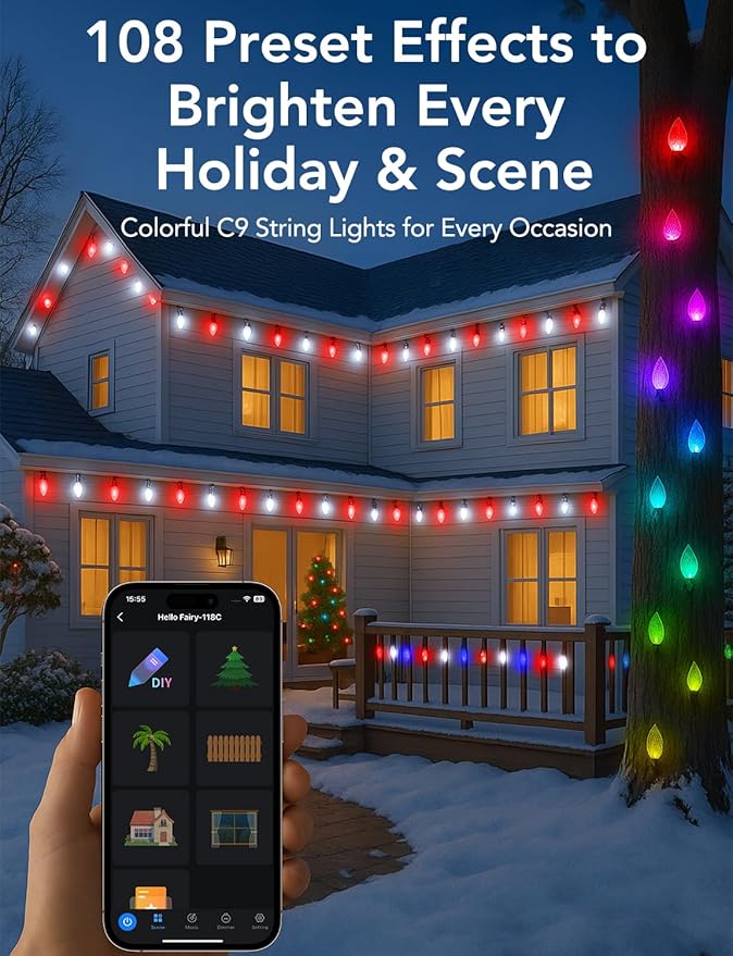 Smart Christmas Lights C9 Outdoor,66FT 100LEDs,App Remote Controlled RGB Chasing String Lights with DIY & Timer,108 Modes, Music Sync,Waterproof for Tree,Garden,Holiday Display,Halloween Lights