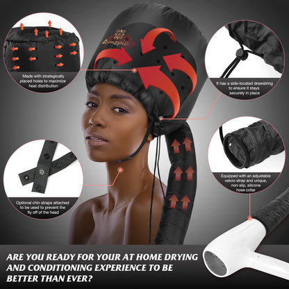 Bonnet Hood Hair Dryer Attachment - Soft, Adjustable Extra Large Bonnet Hair Dryer for Speeds Up Drying Time at Home, Easy to Use for Styling, Curling and Deep Conditioning (Black)