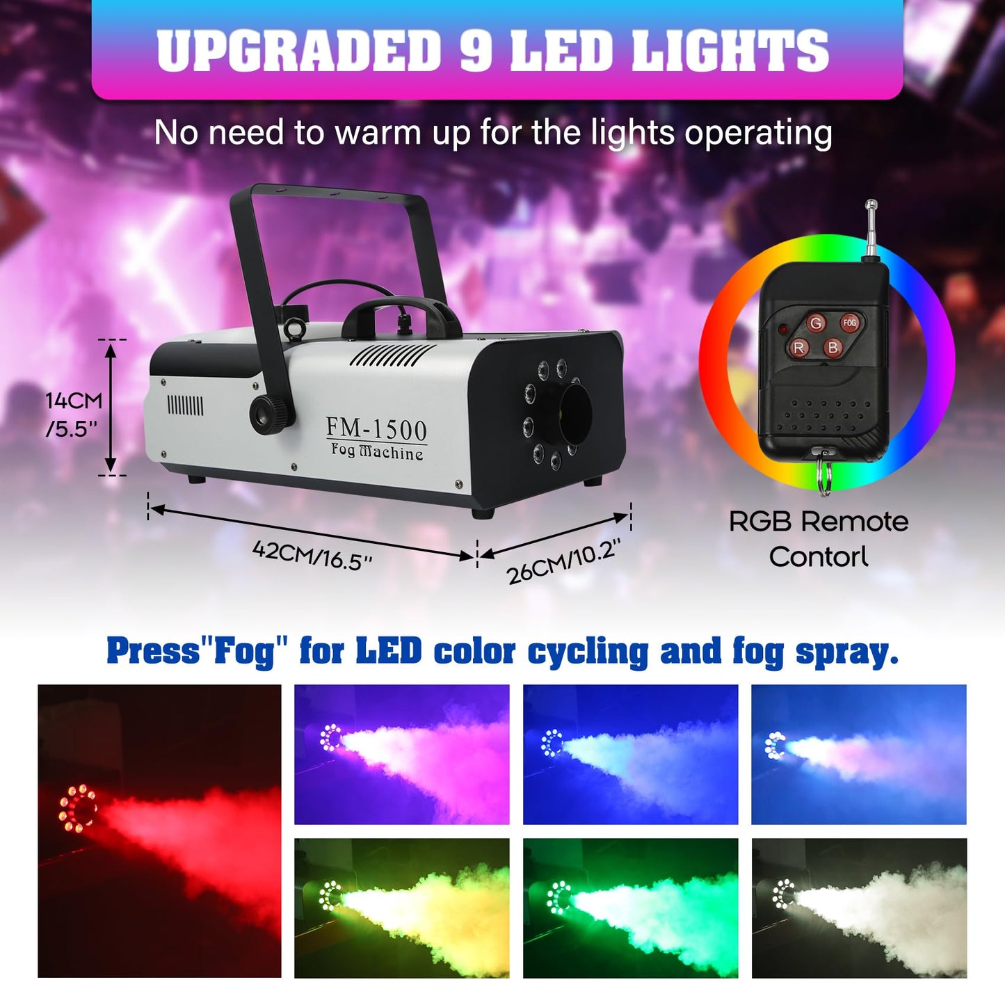 TCFUNDY Fog Machine with Lights, 1500W Smoke Machine RGB 9 LED Lights for DJ Halloween Wedding Party Stage with Remote Control…