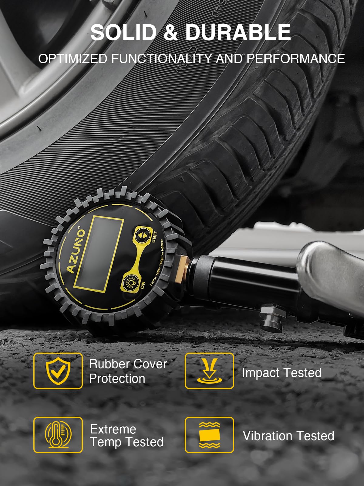 AZUNO Digital Tire Inflator with Pressure Gauge, 200 PSI, Heavy Duty Air Compressor Accessories, w/Rubber Hose Lock on Air Chuck and Quick Connect Coupler