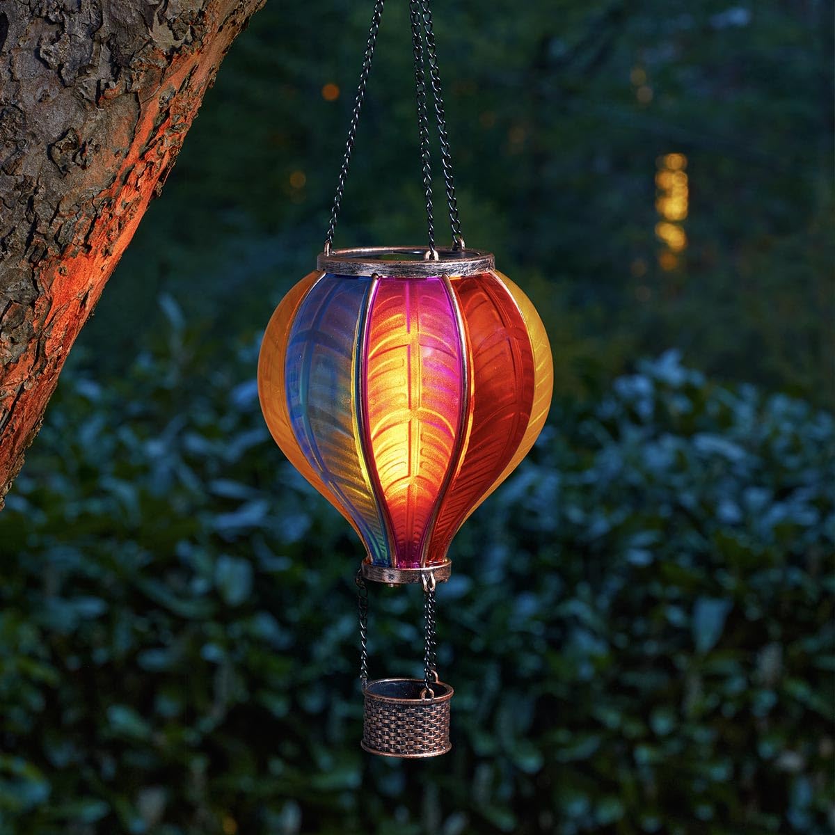 Festive Lights - 45cm Solar Power Rainbow Stain Cool Fiesta Realistic Flame Outdoor Hanging SMD LED Hot Air Balloon Lantern - Multicoloured Glass Effect Flaming Garden Light with Handle