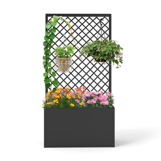 kinbor Planter with Trellis - Metal Planter Boxes Outdoor, Raised Garden Bed with Lattice Trellis for Climbing Plants, Black Flower Boxes Outdoor