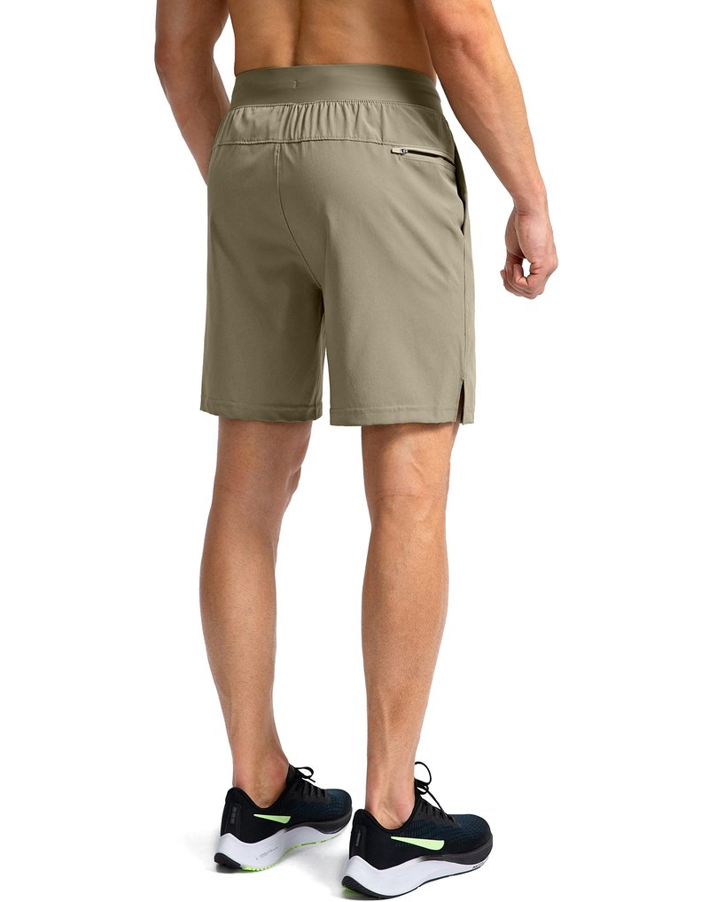 Soothfeel Men's Running Shorts with Zipper Pockets 7 Inch Lightweight Quick Dry Gym Athletic Workout Shorts for Men (Dusty Khaki, M)