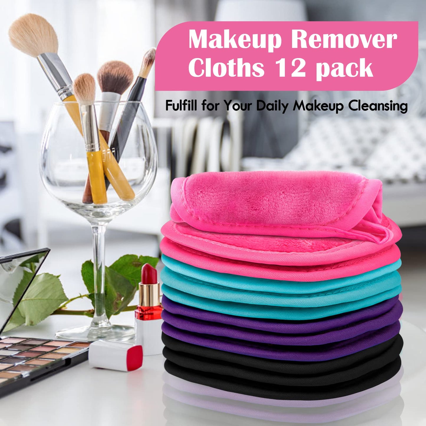 Orighty Flannel Makeup Remover Cloths 12 Pack, Makeup Removal Face Cleansing Cloth, Reusable Makeup Remover Pads Remove Instantly Dirt with Just Water, 5 x 5 in