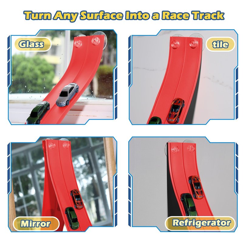 Upgrade Flexible Race Track for Kids 3+, Flexible Car Track 15Ft Race Track Compatible with Diecast 1/64th Cars, Roll Up Car Ramp Toy with Strong Suction Cups