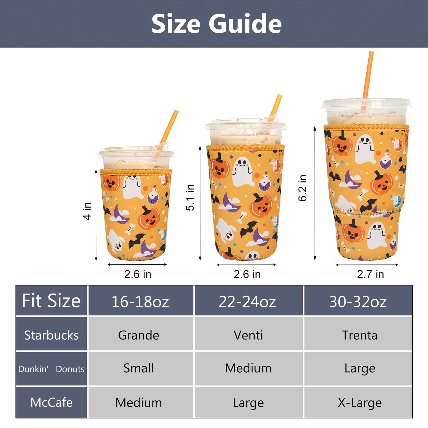 3 Pack Reusable Iced Coffee Sleeves - Xumbtvs Insulator Sleeve for Cold Beverages, Neoprene Coffee Cup Holder (Halloween Boo)