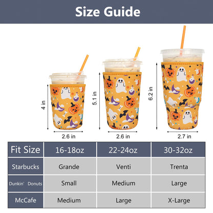 3 Pack Reusable Iced Coffee Sleeves - Xumbtvs Insulator Sleeve for Cold Beverages, Neoprene Coffee Cup Holder (Halloween Boo)