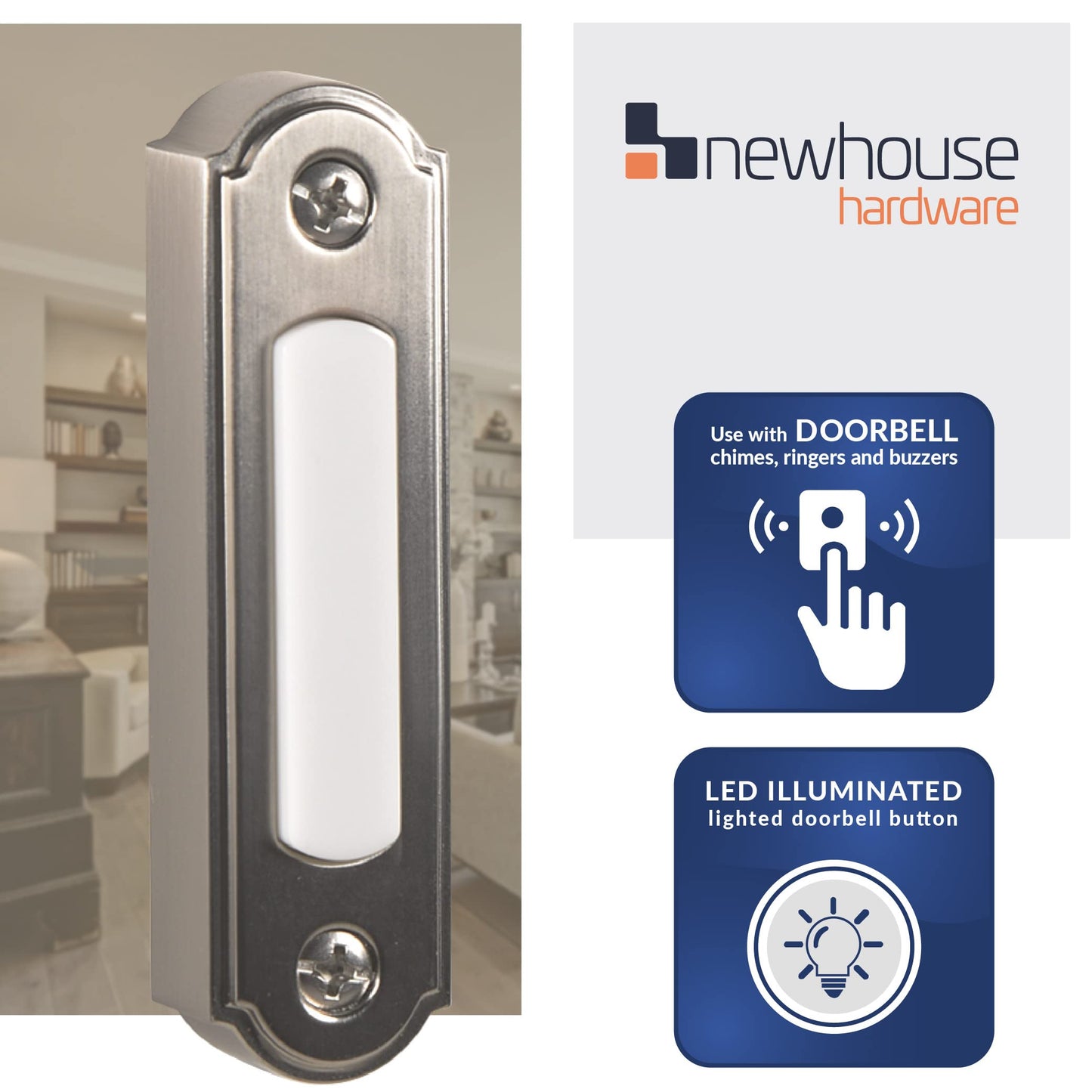 Newhouse Hardware LED Lighted Metal Door Chime Push Button (Oil-Rubbed Bronze) | Surface Mount Lighted Door Bell Button | Replacement Wired Doorbell Button for Most Door Bell Chimes