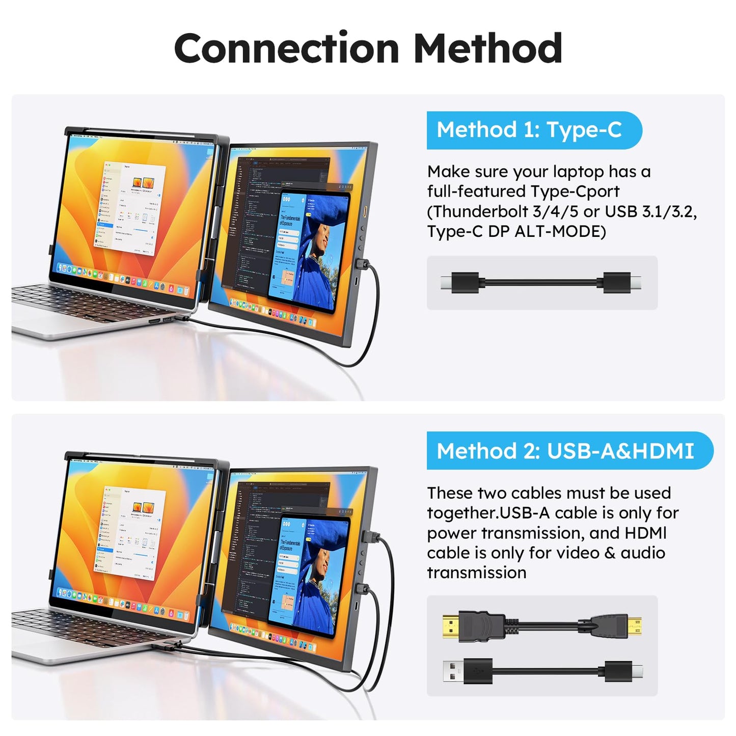 Laptop Screen Extender, 14" FHD 1200P IPS External Portable Monitor for Laptop, Plug & Play Dual Screen Monitor for 14"-17" Laptops, Compatible with Mac, Wins, Chrome, Android, Dex