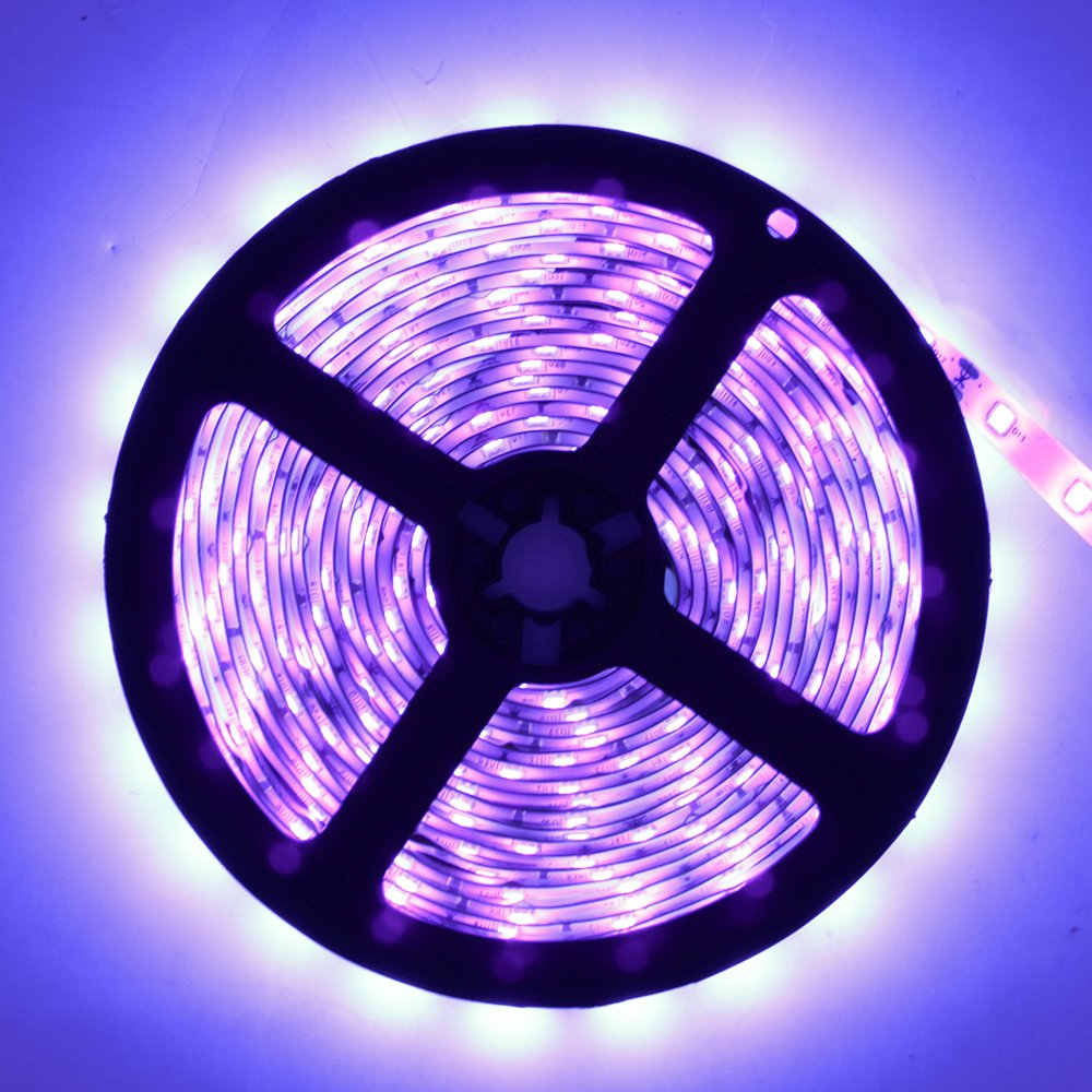 YGS-Tech 24 Watts UV Black Light LED Strip, 16.4FT/5M 3528 300LEDs 395nm-405nm Waterproof IP65 Blacklight Night Fishing Sterilization implicitly Party with 12V 2A UL Listed Power Supply