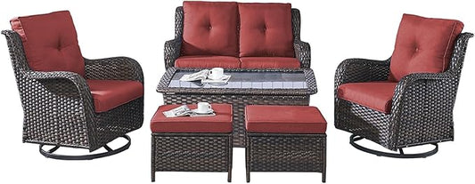 Rilyson Wicker Patio Furniture Set - 6 Piece Rattan Outdoor Sectional Conversation Sets with 2 Swivel Rocking Chairs,2 Ottomans,1 Loveseat and 1 Coffee Table for Porch Deck Garden(Brown/Red)