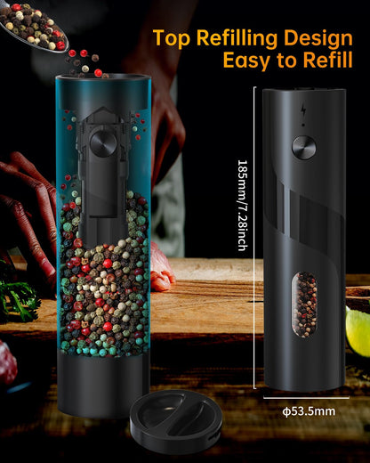 CIRCLE JOY Electric Rechargeable Salt and Pepper Grinder Set Top-Refill Automatic Pepper Mill Grinder with Charging Base, Adjustable Coarseness, Easy Filling Larger Capacity with Led for Home Kitchen