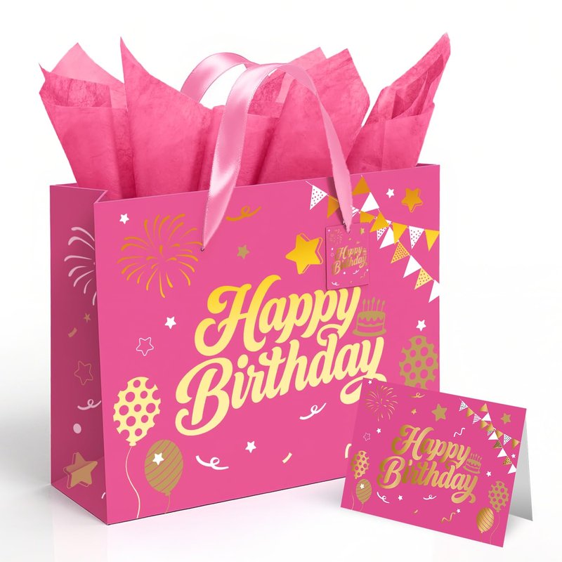 13” Pink Birthday Gift Bag with Tissue Paper and Greeting Card, Happy Birthday Gift Bags for Party, Hot Foil Stamping Design Gift Wrap Bags Decor for Women and Kids, 1 PCS, Medium Size