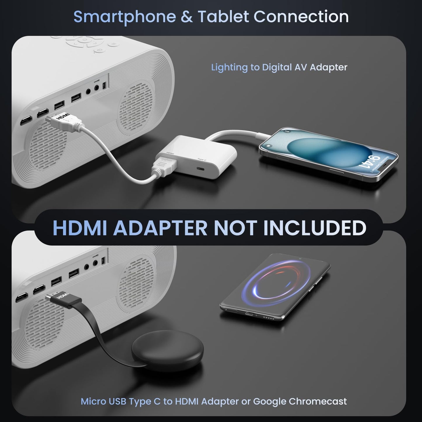 HOMPOW Projector, Native 1080P Full HD Bluetooth Projector with Speaker, Outdoor Portable Movie Mini Projector Compatible with Laptop, Smartphone, TV Stick, Xbox, PS5